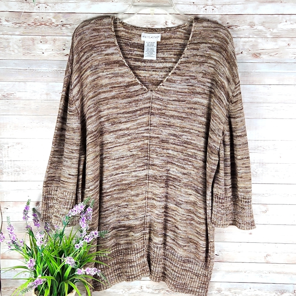 White Stag, Women's mix Brown and Tan, v-neck, 3/4 sleeves, tunic sweater, Sz XL